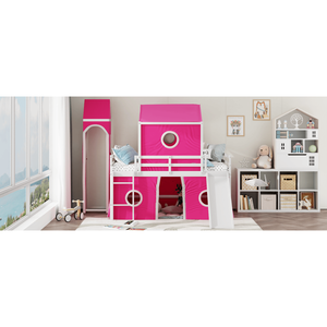 Letto a soppalco rosa a grandezza naturale con scivolo, tenda e torre per bambini, modello precedente LT000771AAH - Product Image 5