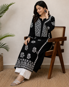 Best Selling Black Chikankari Embroidered Cotton <b>Kurti</b> for Women – Elegant Floral Paisley Ethnic Wear with Long Sleeves - Product Image 4