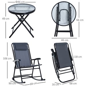 Set Bistrot a Dondolo da Esterno in 3 Pezzi, Grigio, con Sedia Pieghevole e Tavolino in Vetro per Giardino, Patio, Terrazza - Product Image 3