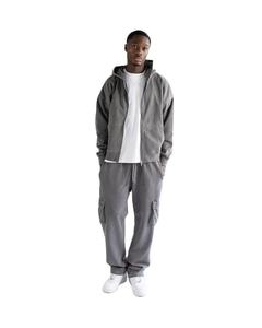 Sweat-shirt zippé gris foncé délavé vintage pour homme, couleur unie, épais, avec poche kangourou fendue, style décontracté streetwear - Product Image 4