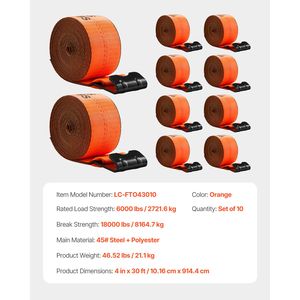 Set di 10 Cinghie per Camion Resistenti 4 in X 30 ft con Gancio Piatto, Portata 18000 Libbre, Cinghie di Fissaggio per Carico - Product Image 5
