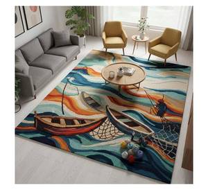 Alfombra de lana con diseño de olas oceánicas coloridas o alfombra costera moderna con diseño náutico hecho a mano, escena costera con varios barcos de pesca - Product Image 2