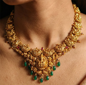 22K Solid <b>Gold</b> Temple Necklace <b>Set</b> | Traditional Indian Bridal <b>Jewellery</b> | Antique Finish Handcrafted <b>Gold</b> Haram - Product Image 1