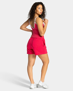 Shorts longs pour femme en tissu French Terry de qualité supérieure, imprimé soie, logo personnalisé, imprimé léopard rouge avec passepoil. - Product Image 4