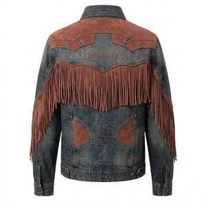 Custom Vintage Blue Denim <b>Jacket</b> Brown Suede <b>Fringe</b> Western Contrast Yoke OEM ODM Manufacturer Retro Distressed Coat - Product Image 2