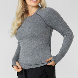 Women Yoga Padded Longline Workout Crop Length Shirt Crew Neck <b>Thumb</b> Hole <b>Cuffs</b> Seamless Knitted Yoga Fitness Workout Shirt - Product Image 4