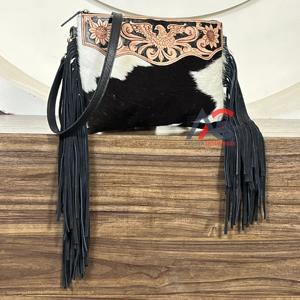 Western Style Hand <b>Tooled</b> Cowhide <b>Leather</b> Crossbody Handbags Eagle Design Large Fringe Purse Ladies Fashion Shoulder Travel Bags - Product Image 1