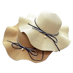 Femmes naturel tressé perle pendentif arc volants large bord été parasol pliable chapeau de paille pour voyage quotidien papier décontracté - Product Image 1