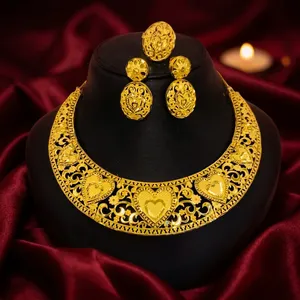 Conjunto de collar africano con diseño de corazón de lujo, chapado en oro, joyería nupcial para bodas nigerianas y etíopes - Product Image 3