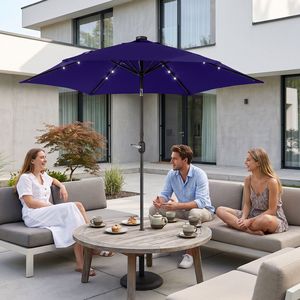 Ombrellone da Patio Solare a LED da 2,7 m con Manovella Inclinabile a Pulsante, 6 Stecche, in Poliestere Impermeabile per Tavoli da Esterno - Product Image 6