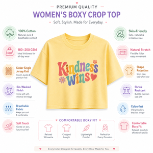 เสื้อครอปท็อปผู้หญิง แขนสั้น คอกลม ลาย Kindness Wins ผ้าฝ้ายแท้ 100% ระบายอากาศได้ดี สวมใส่สบายๆ สำหรับฤดูใบไม้ผลิและฤดูร้อน น้ำหนัก 180 กรัม - Product Image 3