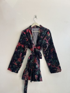 Veste blouson en velours à imprimé floral, manches longues, manteau d'automne pour femme avec ceinture, design plissé - Product Image 2