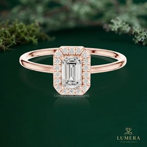 Bague de fiançailles à taille émeraude avec halo pour diamant de laboratoire, pour femme, bague de promesse, bague de mariée, cadeau d'anniversaire - Product Image 2