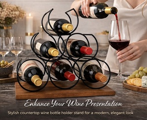 Porte-bouteilles en métal vintage avec base en bois |   Support à vin à trois niveaux pour comptoir, cuisine, bar ou table à manger - Product Image 5
