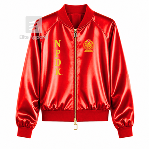 Veste en satin respirant personnalisée NSPDK Sorority avec logo brodé sur le devant, rouge et or, manches longues, pour femme - Product Image 1