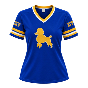 Maillot de hockey pour femmes SGRho, bleu royal, lettres grecques brodées, col en V, manches courtes, vêtements de sport pour équipes de sororité - Product Image 1