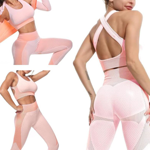 <b>Pink</b> 3 Piece Yoga <b>Set</b> Women Seamless High Waist Leggings Sports Bra Full Sleeve Jacket Breathable Fitness Wear - Product Image 4