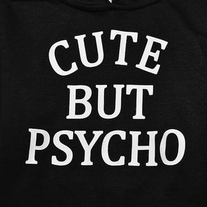 Sweat-shirt à capuche court noir pour femme avec imprimé lettres blanches, manches longues, style décontracté - Product Image 5