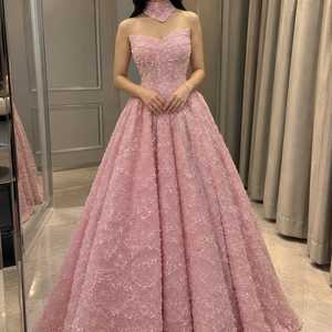 Pink <b>Ball</b> Gown Women Designer Evening Dress Embellished Lace Sequin Floral Beaded Corset Bodice Off-Shoulder Sweetheart Neckline - Product Image 1