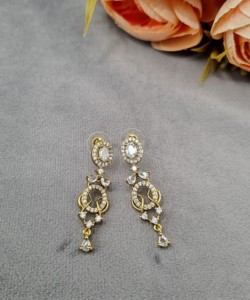 Antique <b>Gold</b> Plated Curved Link Oval Stone Studded AD Jewelry <b>Set</b> With Matching Earrings Sparkling American Diamond Jewelry <b>Sets</b> - Product Image 4