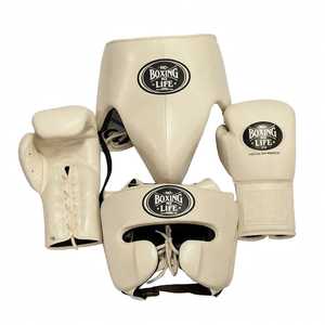 ชุดฝึกซ้อมมวย No Boxing No Life หนังวัวแท้ สีนม ขายส่ง พร้อมนวมฝึกซ้อม สายรัดปรับได้ หมวกป้องกันศีรษะ และอุปกรณ์ป้องกันขาหนีบ - Product Image 1