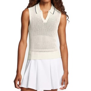 Women's <b>Sleeveless</b> Polo Shirt Mesh Knitted Breathable Solid Color Preppy Style <b>Top</b> - Product Image 3