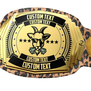 เข็มขัดแชมป์ลายแพะแบบกำหนดเอง พร้อมข้อความส่วนตัวและลายเสือดาว สีทองและสีดำ สำหรับงานอีเว้นท์และนักสะสม - Product Image 5
