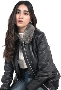 Veste bomber en peau de mouton véritable pour femme avec col en fourrure, coupe-vent, manteau d'hiver, manches longues, longueur normale, couleur unie - Product Image 2