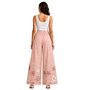 Pantalones Palazzo de Pierna Ancha Rosa Rubor con Bordado Floral Blanco de Cintura Alta para Mujer, de Algodón, Personalizados OEM, Ropa Premium - Product Image 2