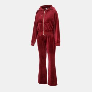 Ensemble de survêtement en velours pour femmes, 2 pièces, couleur unie, fermeture à cordon de serrage, décontracté, hiver, jogging, poches latérales - Product Image 2