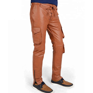 Pantalon cargo en cuir marron pour homme, taille haute, coupe droite, plusieurs poches, style workwear, fermeture boutonnée, pour l'automne - Product Image 4