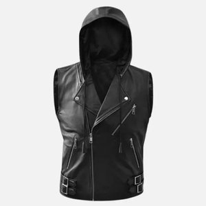 Chaleco de cuero genuino para hombre, estilo motociclista con capucha, diseño de solapa y cremallera diagonal, sin mangas, de piel de vacuno, servicio OEM, transpirable - Product Image 4