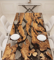 Table à manger rectangulaire moderne de luxe en résine à bord naturel, design grain de bois fait main, 4 places, pieds en métal, durable, pour centre commercial, hôtel, atelier