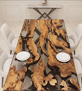 Table à manger rectangulaire moderne en résine avec bord naturel, design grain de bois fait main, 4 places, pieds en métal, durable, mobilier de maison et de commerce, Global - Product Image 4