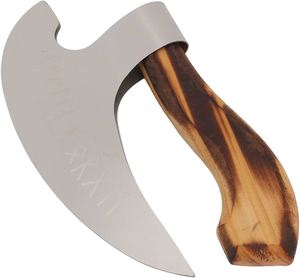 Cortador de Pizza Estilo Vikingo de Acero al Carbono Tallado a Mano con Mango de Madera Quemada, Diseño de Cuchillo Ulu, Uso en Restaurantes, Apto para Microondas - Product Image 1