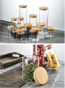 Bocaux de conservation en verre avec couvercles en bois, forme cylindrique, hermétiques, pour la conservation de la fraîcheur, récipients alimentaires de cuisine, design minimaliste - Product Image 3