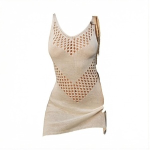 Women Knitted Hollow Out V Neck Tank Top Solid Color Stretchy Fit Regular Style Beige - Product Image 1