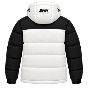 <b>Men's</b> Hooded Puffer Jacket Black <b>White</b> Color Block Padded Winter <b>Coat</b> with Zip Pockets Custom Outdoor Streetwear Wholesale - Product Image 2