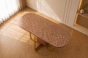 Table à manger ovale moderne en bois avec plateau aspect marbre, table sur piétement, mobilier de salle à manger sur mesure - Product Image 5