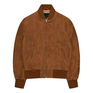<b>Men</b>’s Brown <b>Suede</b> Leather Bomber <b>Jacket</b> Ribbed Collar Cuffs and Hem Zip Front Vintage Casual Outerwear - Product Image 4