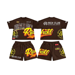 <b>Men's</b> Streetwear T-Shirt and Shorts Set Crew Neck Brown Cotton Printed Hustle <b>Only</b> Design Summer Casual Wear - Product Image 1