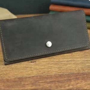 High Quality Genuine Leather Bifold Wallet for Men Women Unisex Long <b>Purse</b> Button Closure Cotton Lining Featuring Logo Pattern - Product Image 1