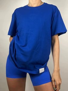Camiseta Holgada de Algodón Azul Sólido de Manga Corta con Cuello Redondo para Mujer, Top Transpirable de Punto para Todas las Estaciones - Product Image 1