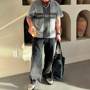 T-shirts surdimensionnés personnalisés pour hommes, en tissu épais, style vintage délavé, avec impression en relief et tissu contrastant - Product Image 3