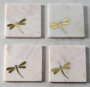 Square <b>Marble</b> <b>Coaster</b> Set With Gold Dragonfly Design Modern Stone Mats Reusable Table Pads - Product Image 1