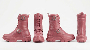 รองเท้าบูทมอเตอร์ไซค์หนังสีพื้นแบบกำหนดเอง รองเท้าบูทข้อเท้าสไตล์สั่งทำ สายรัดหัวเข็มขัด แบบผูกเชือก รองเท้าขี่มอเตอร์ไซค์กลางแจ้งเพื่อความปลอดภัย - Product Image 4