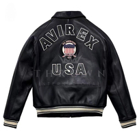 Blouson aviateur en cuir PU rouge pour homme Avirex avec patch brodé, col rabattu, fermeture éclair, style décontracté