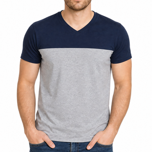 Camiseta clásica de hombre con cuello en V en dos colores, azul marino y gris claro, con logo personalizado, camiseta colorblock en blanco. - Product Image 1
