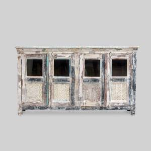 Aparador Antiguo de Madera Maciza Blanqueada, Duradero, con 4 Puertas de Vidrio, Estilo Rústico, Mueble de Exhibición, Amplio Almacenamiento, Estilo Desgastado - Product Image 4