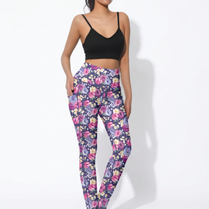 High Waist <b>Floral</b> Print Yoga <b>Leggings</b> With Pockets Full Length Spandex Polyester Four-Way Stretch Elastic Waist - Product Image 5